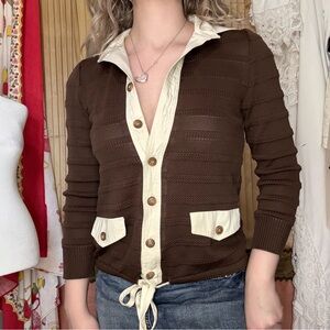 Vintage 70’s Classic Brown Knit Cardigan with Cream Trim